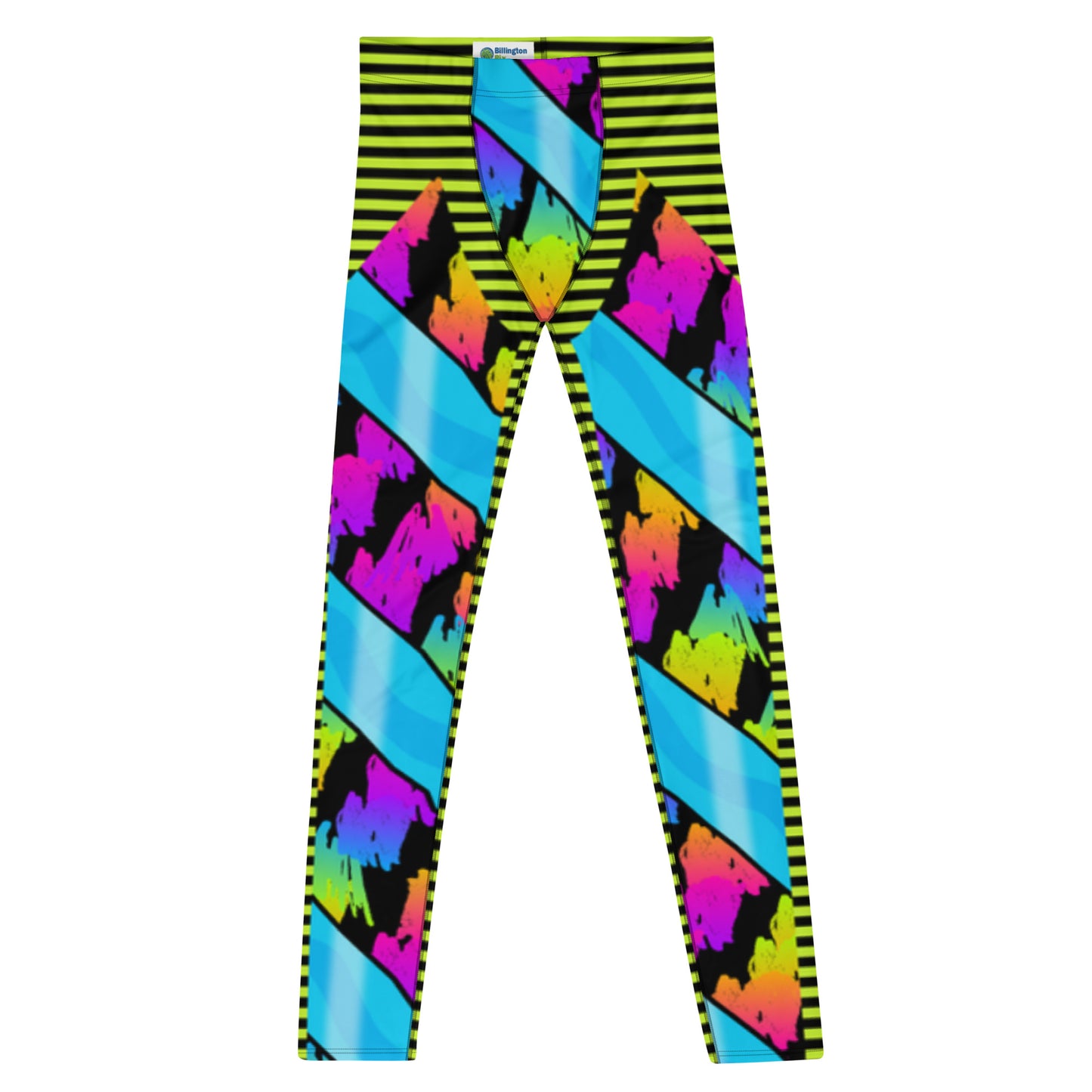 Ankle length, mid rise and footless mens patterned leggings. Pro wrestling long tights in a retro 80s rainbow design. In the style of WWE wrestling tights. Rainbow colored cosplay meggings with striped yellow. Halloween party outfit for wrestling fans and followers.