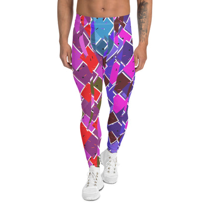 Mens Leggings Retro Harlequin Pro Wrestling Tights, glitchcore Fractal Geometric Patterned Festival Meggings, Dance Pants, Rave Gear, Clubbing Outfit. Purple, red, blue, white fractal kitsch meggings guys in diamond shapes. Retro pro wrestling gear