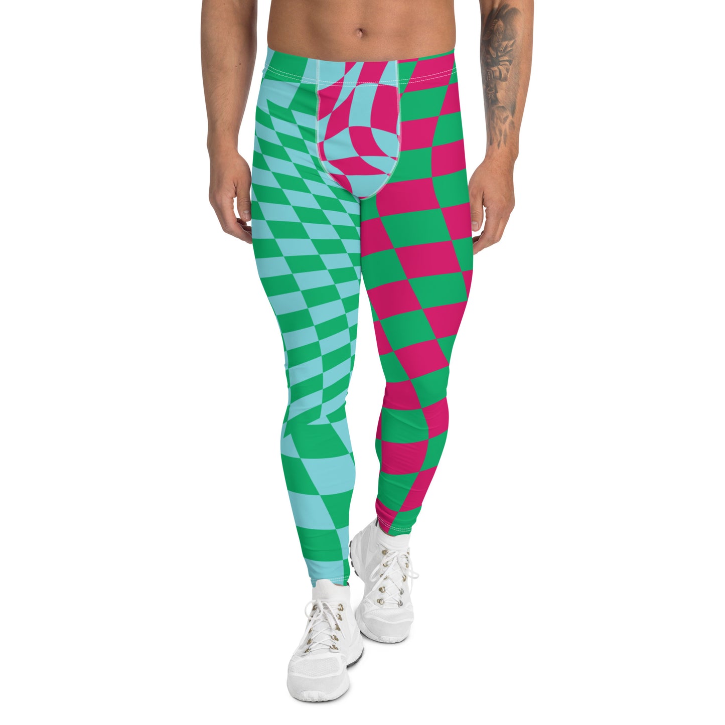 Mens Leggings Glitchcore Harlequin, Pro Wrestling Tights, Guys Running Tights, Dancewear, Festival Pants, Fashion Meggings, Gym Gear. Pink, blue and green fashion meggs for gym, pilates, yoga and festivals.