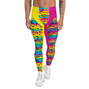 Mens Leggings, Yellow and Pink Monstera Print Leggings, Pro Wrestling Tights, Funky Fashion Leggings, Yoga Pants, Gym Outfit, Camp Rave Gear in pink and yellow with rainbowcore monstera leaves