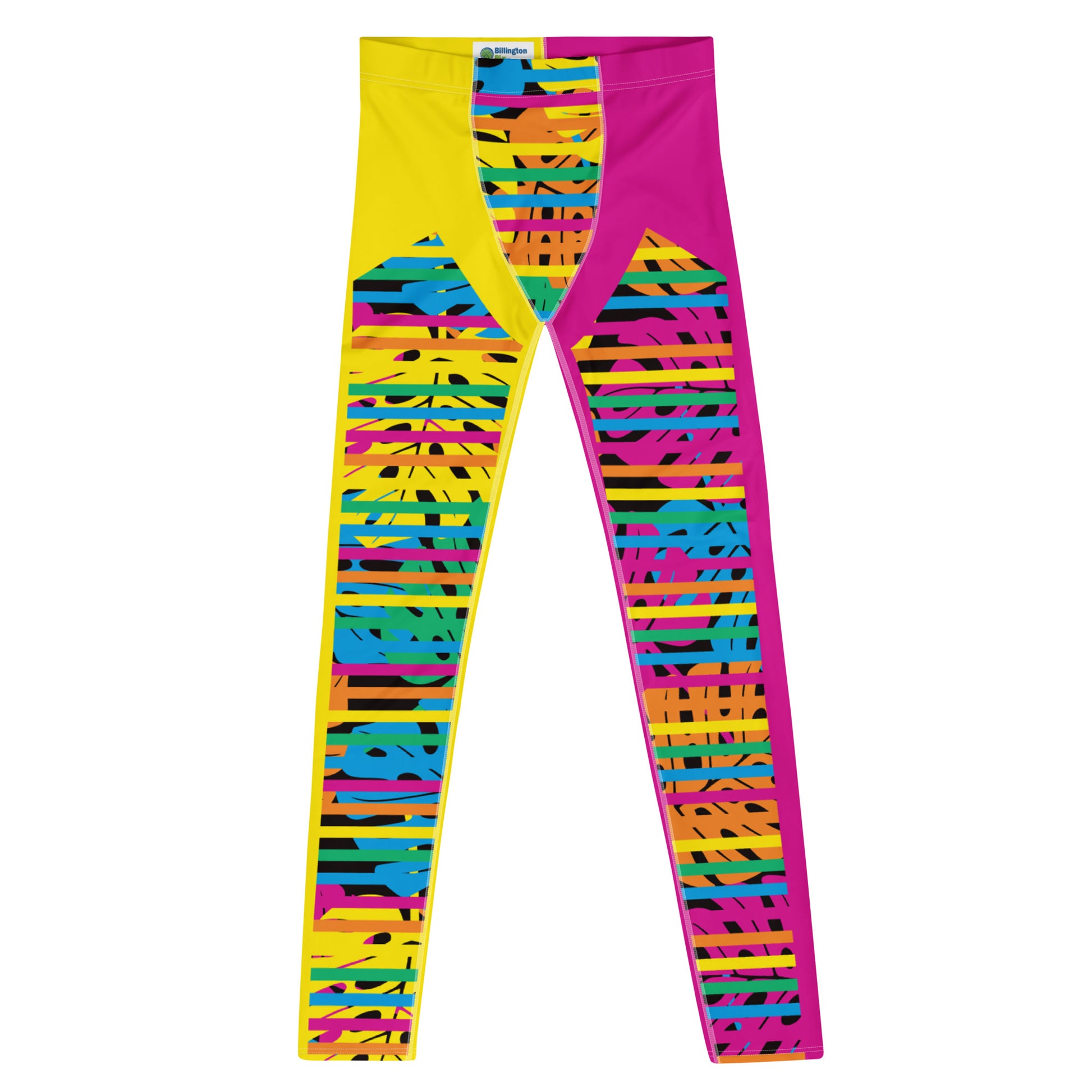 Mens Leggings, Yellow and Pink Monstera Print Leggings, Pro Wrestling Tights, Funky Fashion Leggings, Yoga Pants, Gym Outfit, Camp Rave Gear in pink and yellow with rainbowcore monstera leaves