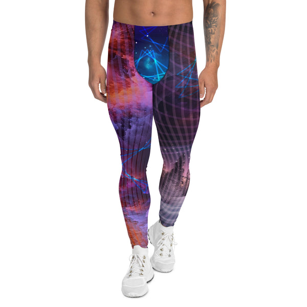 Mens Leggings Galactic Nebula, Bjj Compression Spats, Pro Wrestling Tights, Running Tights, Fashion Meggings, Festival Leggings, Rave Gear. Neoncore rainbow futuristic fashion meggs for guys with nebula clouds, winter forest, abstract pattern.