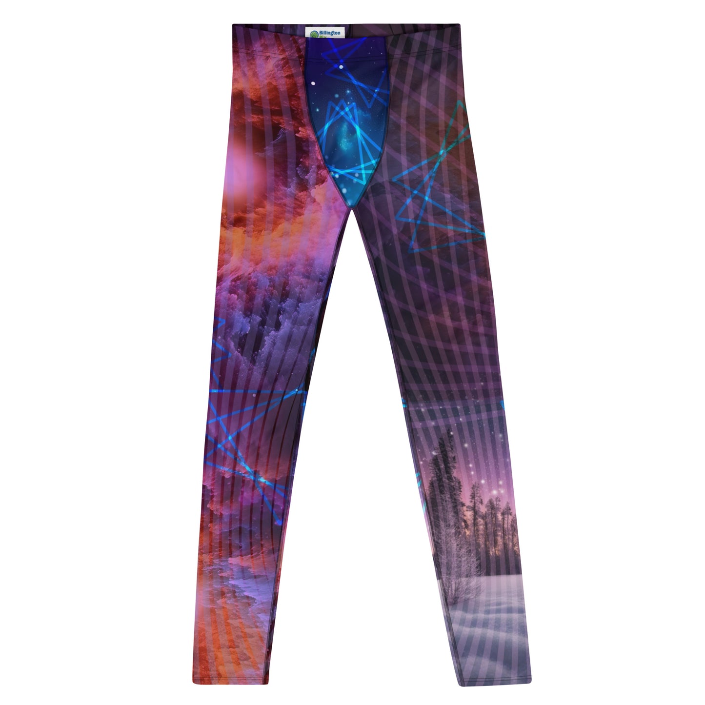 Mens Leggings Galactic Nebula, Bjj Compression Spats, Pro Wrestling Tights, Running Tights, Fashion Meggings, Festival Leggings, Rave Gear. Neoncore rainbow futuristic fashion meggs for guys with nebula clouds, winter forest, abstract pattern.