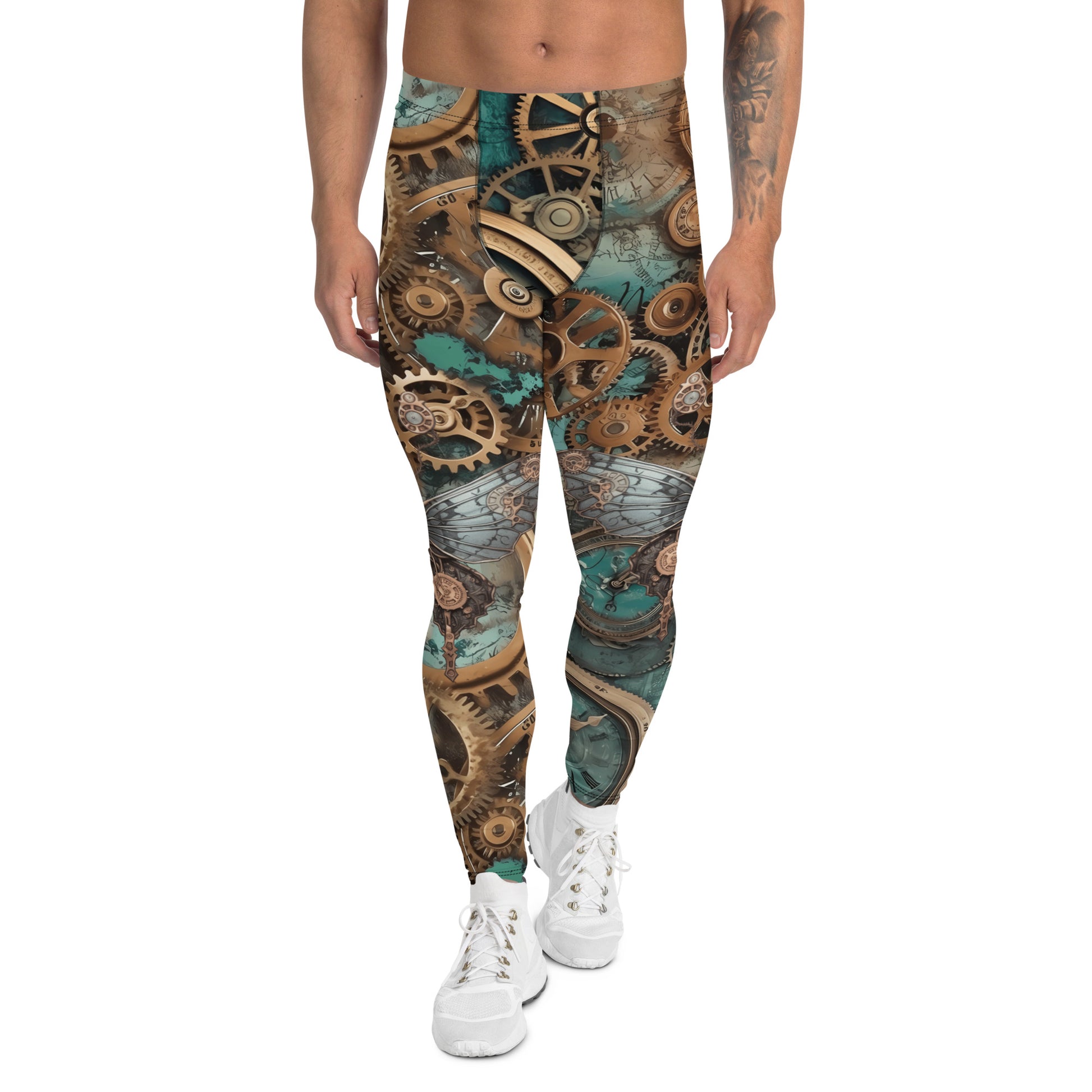 Steampunk leggings for men with horology design. Watch fans fashion in brown and blue. Retro festival fashion meggings.