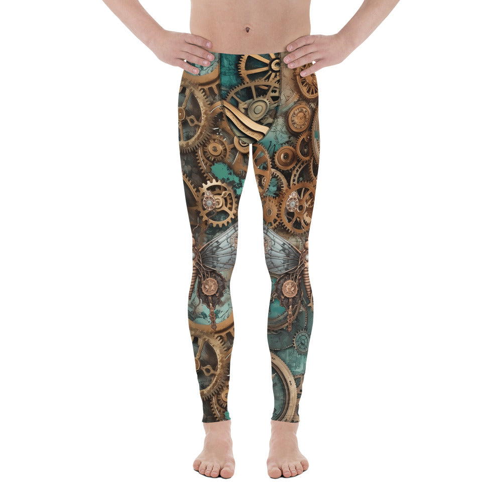 Steampunk leggings for men with horology design. Watch fans fashion in brown and blue. Retro festival fashion meggings.