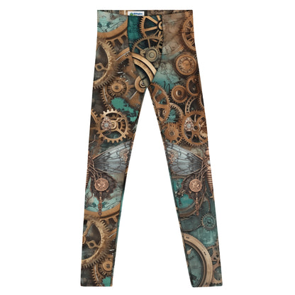 Steampunk leggings for men with horology design. Watch fans fashion in brown and blue. Retro festival fashion meggings.