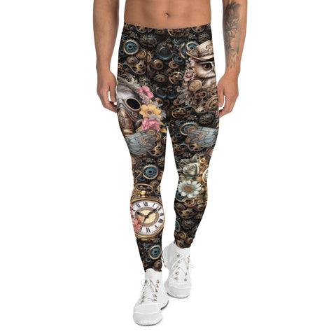 Mens Leggings Steampunk Horology Pants, Fashion Meggings, BJJ Grappling Spats, Pro Wrestling Tights, Rave Gear, Clubbing Outfit, Running tights for watch geeks and perpetual calendar fans. Jules Verne vibes. Clockwork all-over pattern guys leggings.