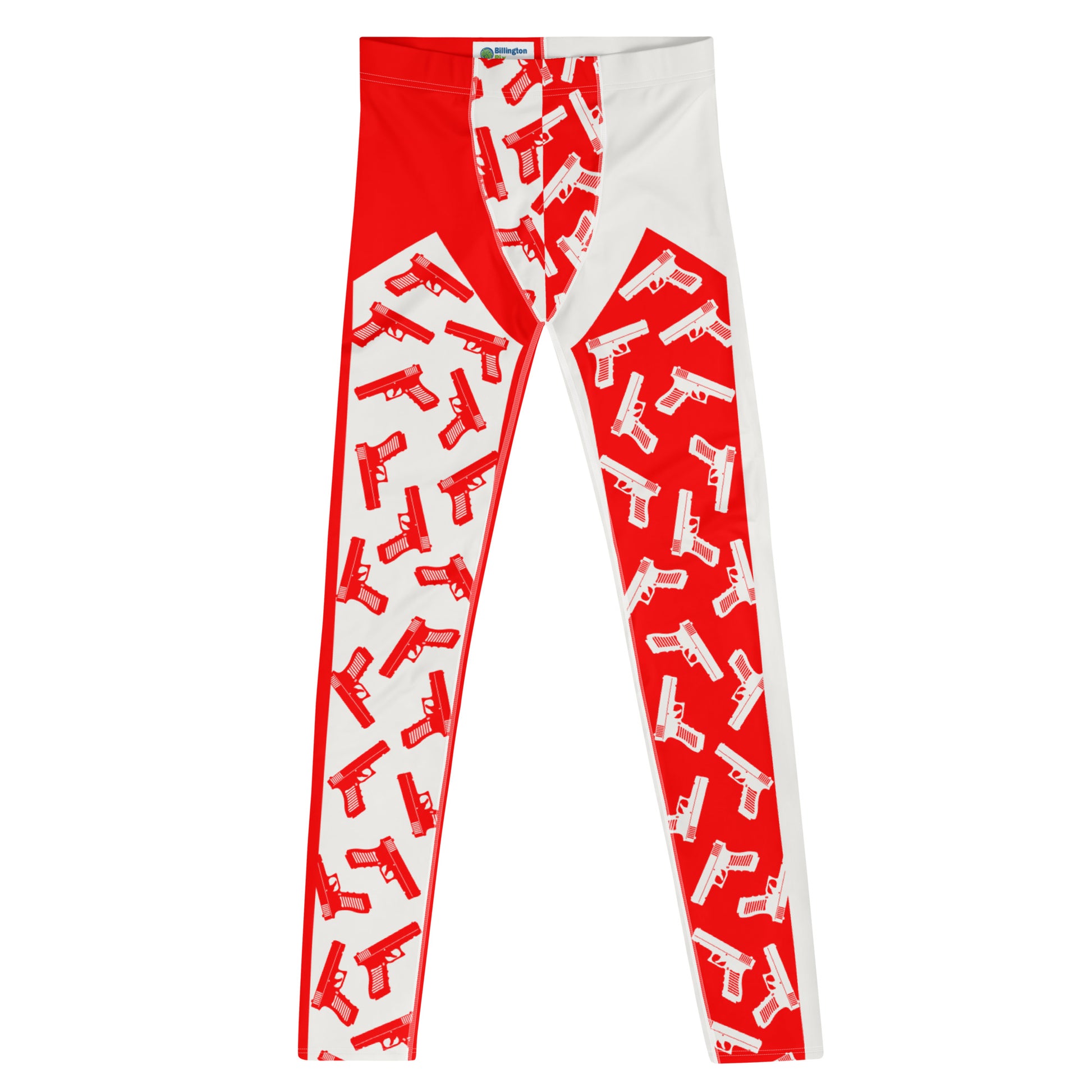 Mens leggings, funky pro-wrestling tights with toy pistols in orange and white. Ankle length fashion meggings for rave parties, festivals, Halloween cosplay, streetwear.