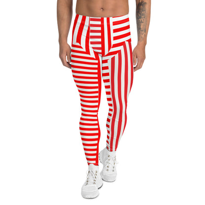 Red and white striped retro pro wrestling tights for men. 80s Memphis style leggings for guys with alternating insets pattern. Fashion meggings and party outfit.