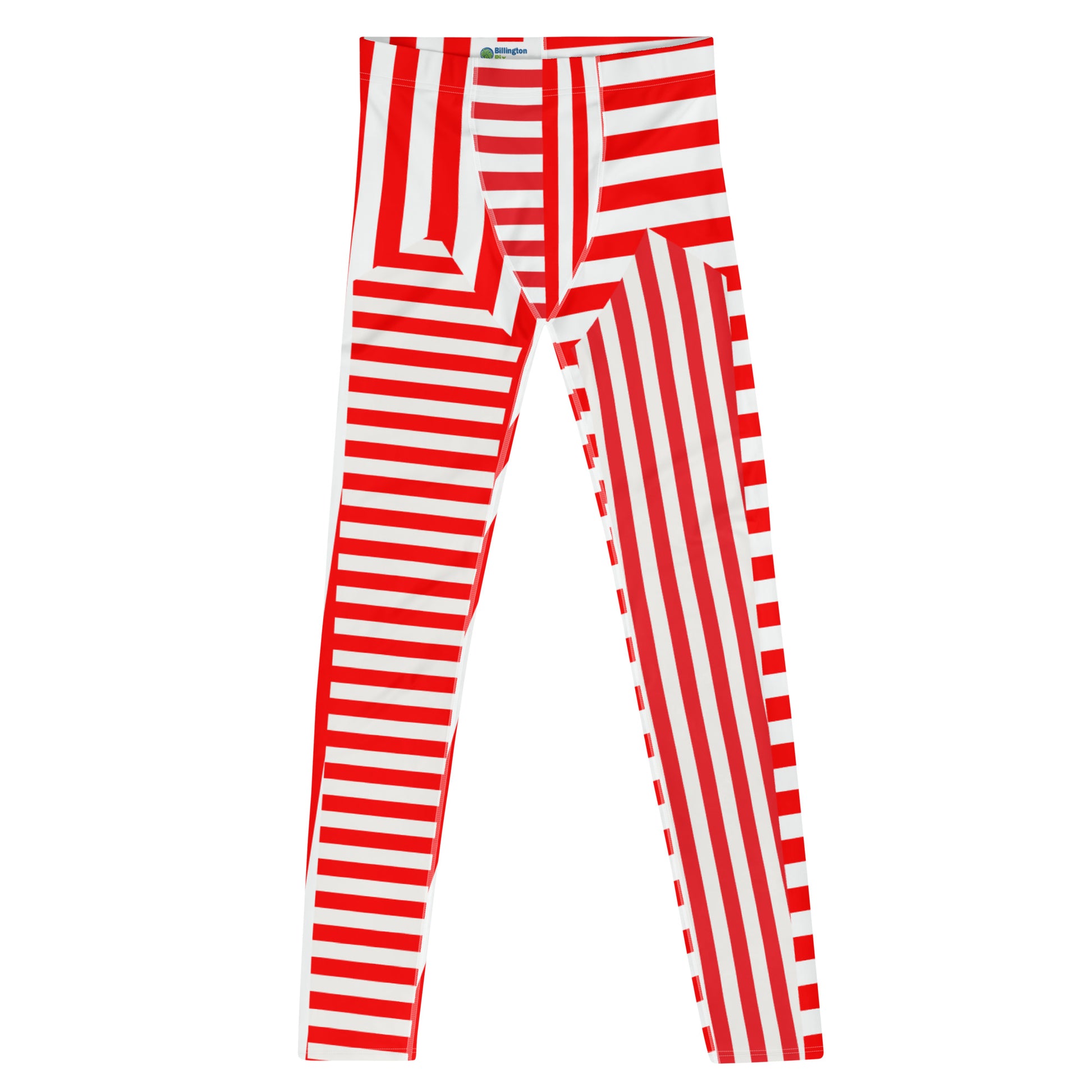 Red and white striped retro pro wrestling tights for men. 80s Memphis style leggings for guys with alternating insets pattern. Fashion meggings and party outfit.