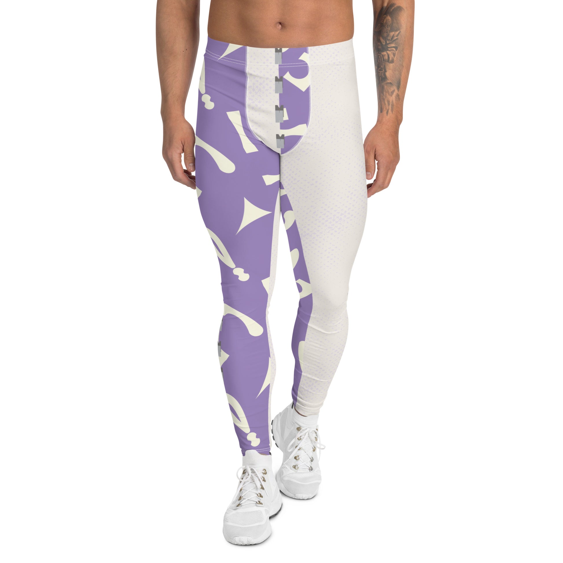 Purple and white fun retro pro wrestling tights for men. 80s Memphis style leggings for guys with alternating colors and geometric shapes. Fashion meggings and party outfit.