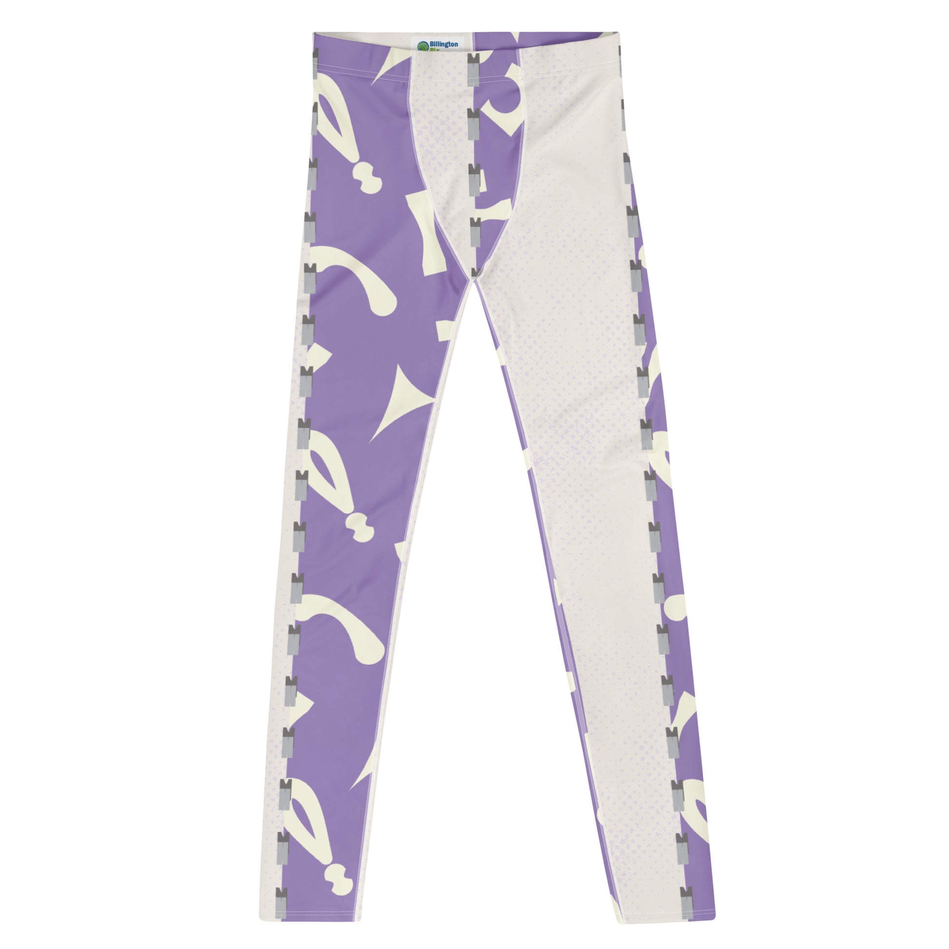 Purple and white fun retro pro wrestling tights for men. 80s Memphis style leggings for guys with alternating colors and geometric shapes. Fashion meggings and party outfit.