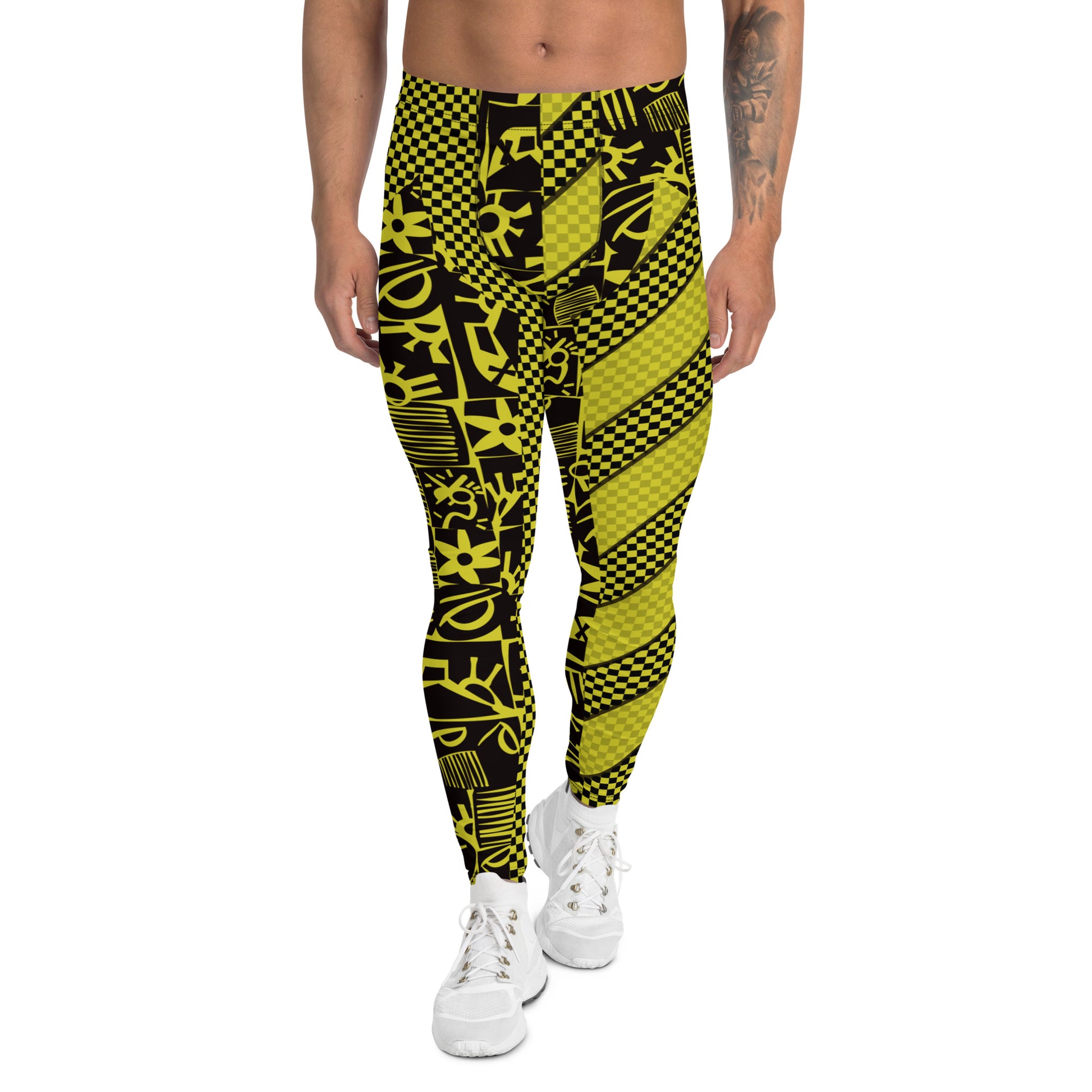 Black and yellow geometric design leggings for men in retro 80s style. Pro wrestling tights for guys in fun stripy design. Rave gear and fashion meggings for guys.