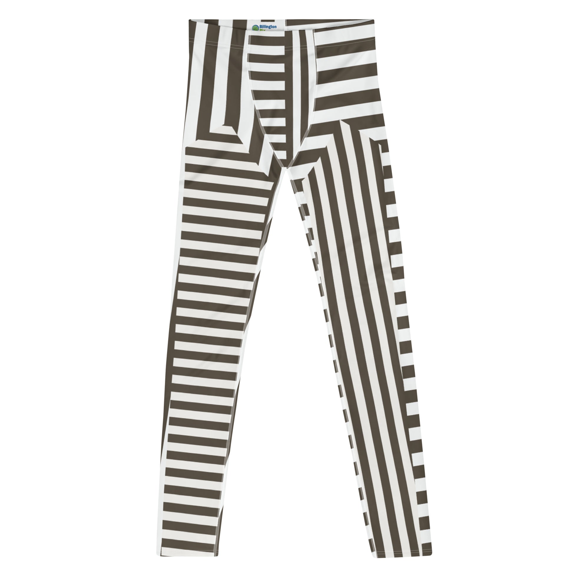 Retro style gray / brown and white striped pro wrestling tights for men. Great as BJJ spats. 80s Memphis style leggings for guys with alternating insets pattern. Fashion meggings and party outfit.