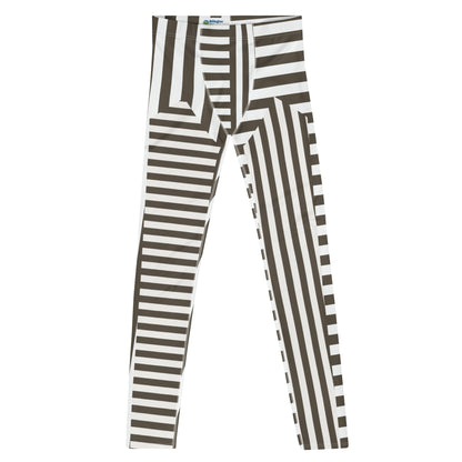 Retro style gray / brown and white striped pro wrestling tights for men. Great as BJJ spats. 80s Memphis style leggings for guys with alternating insets pattern. Fashion meggings and party outfit.