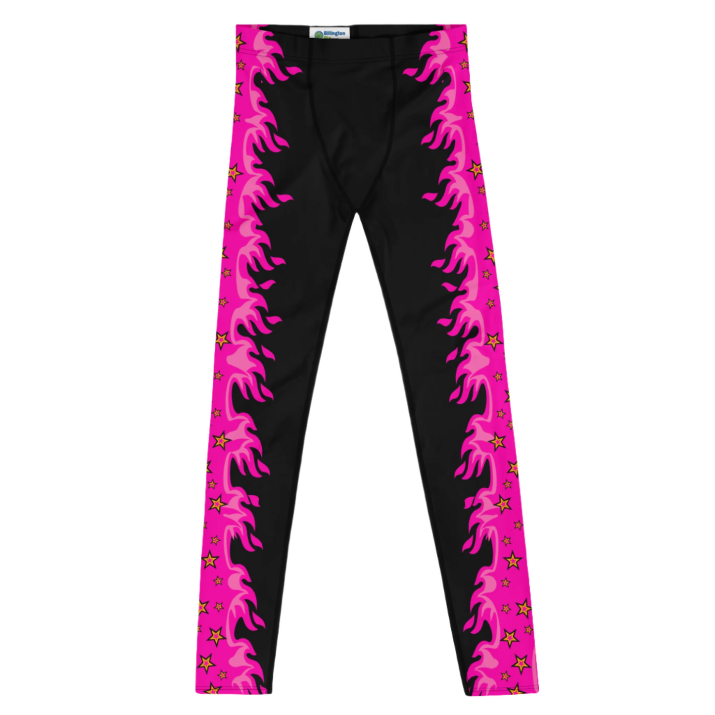 pink pro wrestling tights for men in pink and black with fire down each side. Fun fashion meggings for guys who enjoy WWE cosplay. or festival gear like Burning Man.