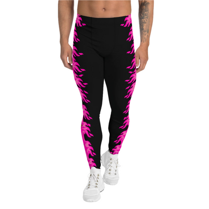 pink pro wrestling tights for men in pink and black with fire down each side. Fun fashion meggings for guys who enjoy WWE cosplay. or festival gear like Burning Man.