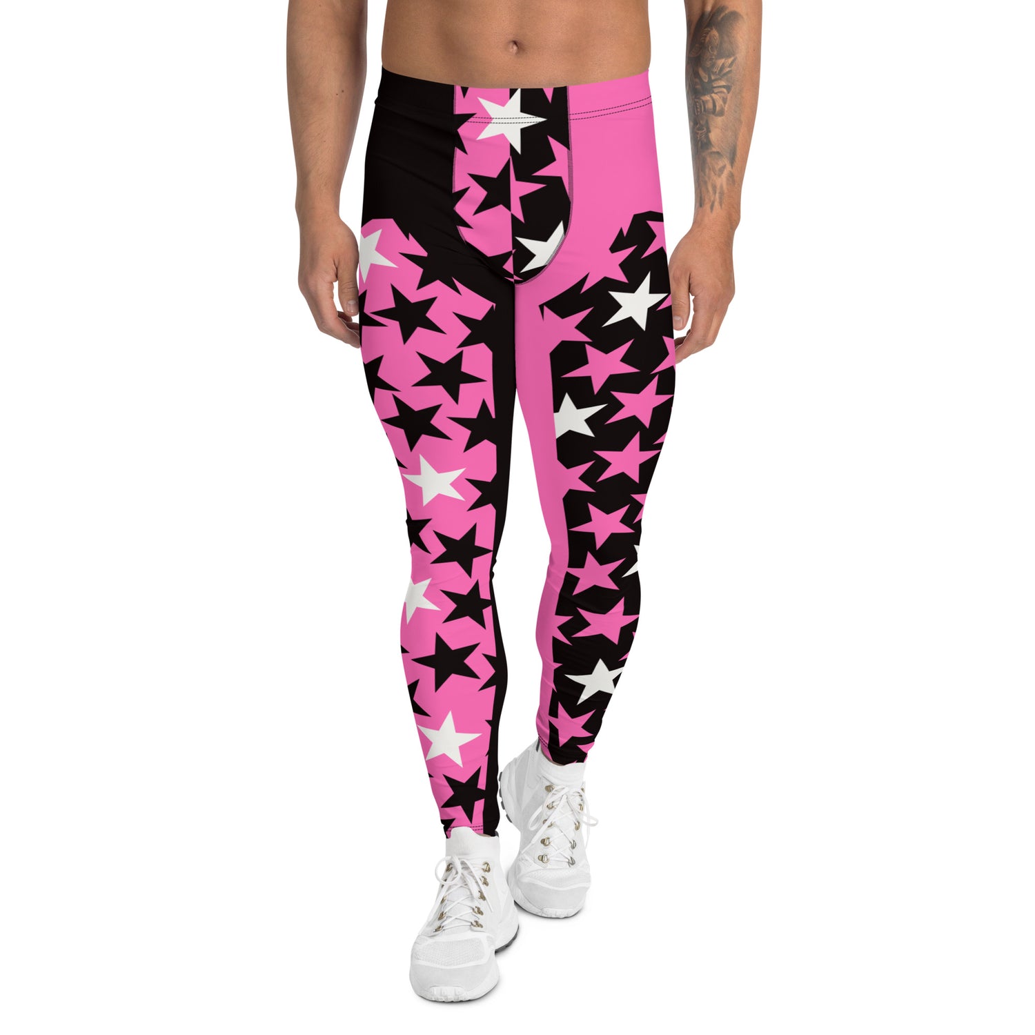 Mens Leggings Stars in pink and black, Pro Wrestling Tights, BJJ no-gi spats, Funky Fashion Leggings, Yoga Pants, Gym Outfit, Rave Gear, Dancewear, Running Tights, Wrestling tights, yoga gym pilates outfit. Pink, yellow, black, white, purple, green, orange.