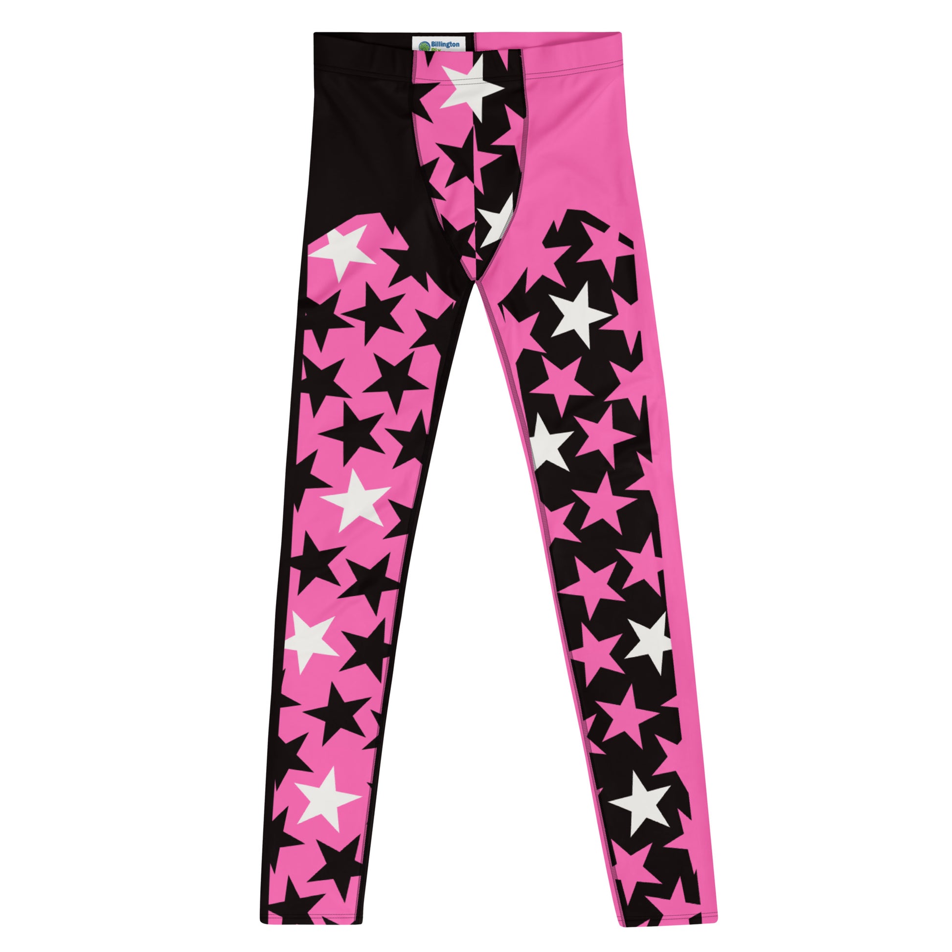 Mens Leggings Stars in pink and black, Pro Wrestling Tights, BJJ no-gi spats, Funky Fashion Leggings, Yoga Pants, Gym Outfit, Rave Gear, Dancewear, Running Tights, Wrestling tights, yoga gym pilates outfit. Pink, yellow, black, white, purple, green, orange.