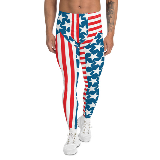 Mens Leggings Patriot, Pro Wrestling Tights in american flag, Forth July Retro Fashion Leggings, Yoga Pants, Gym Outfit, Rave Gear Dancewear, Running Tights, BJJ Spats. Red white blue 4th July party outfit. Halloween outfit for men.