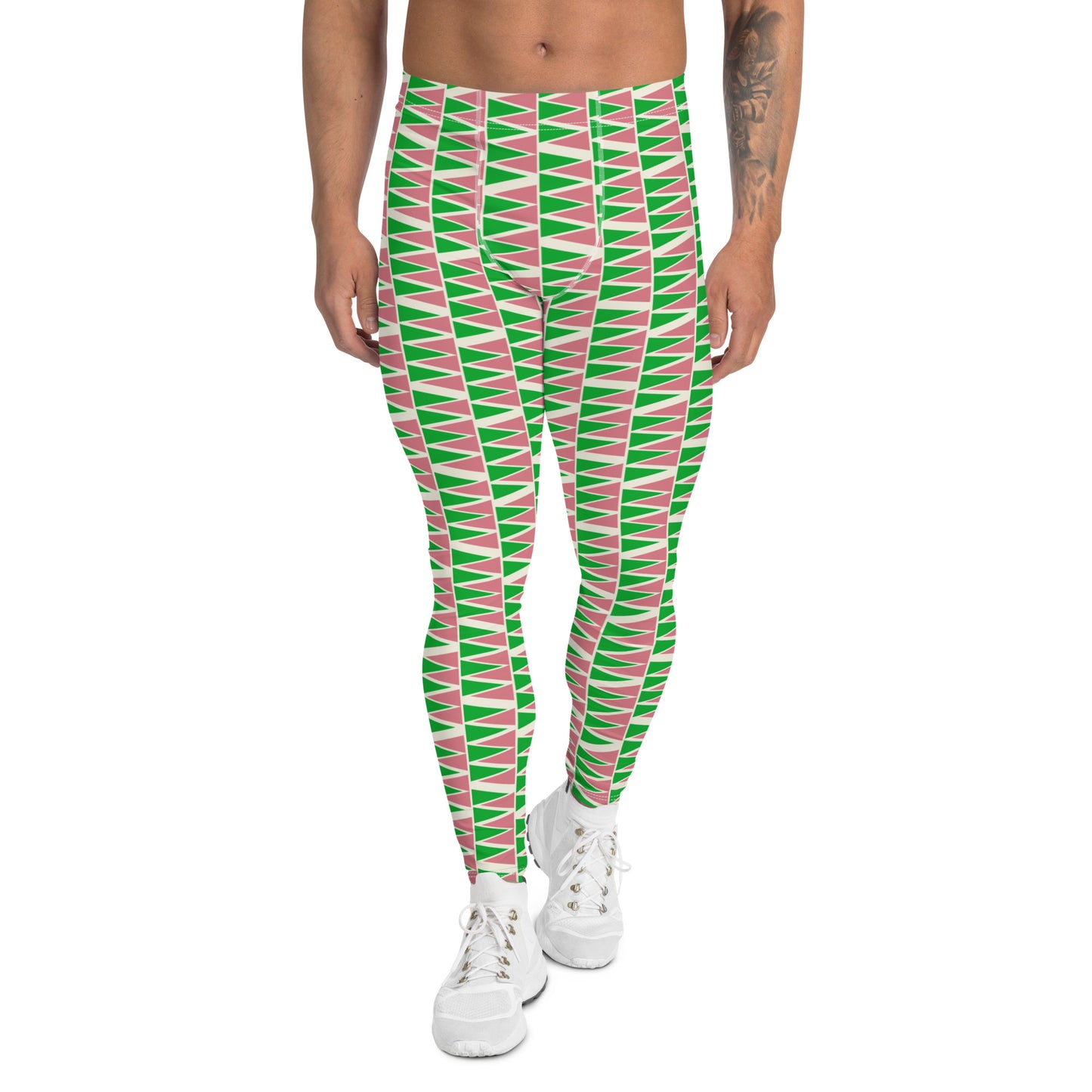 Mens leggings in retro mid century modern style. Green, pink, cream geometric patterned fashion meggings for men. Ankle length. Great for rave gear, festivals, BJJ, gym.