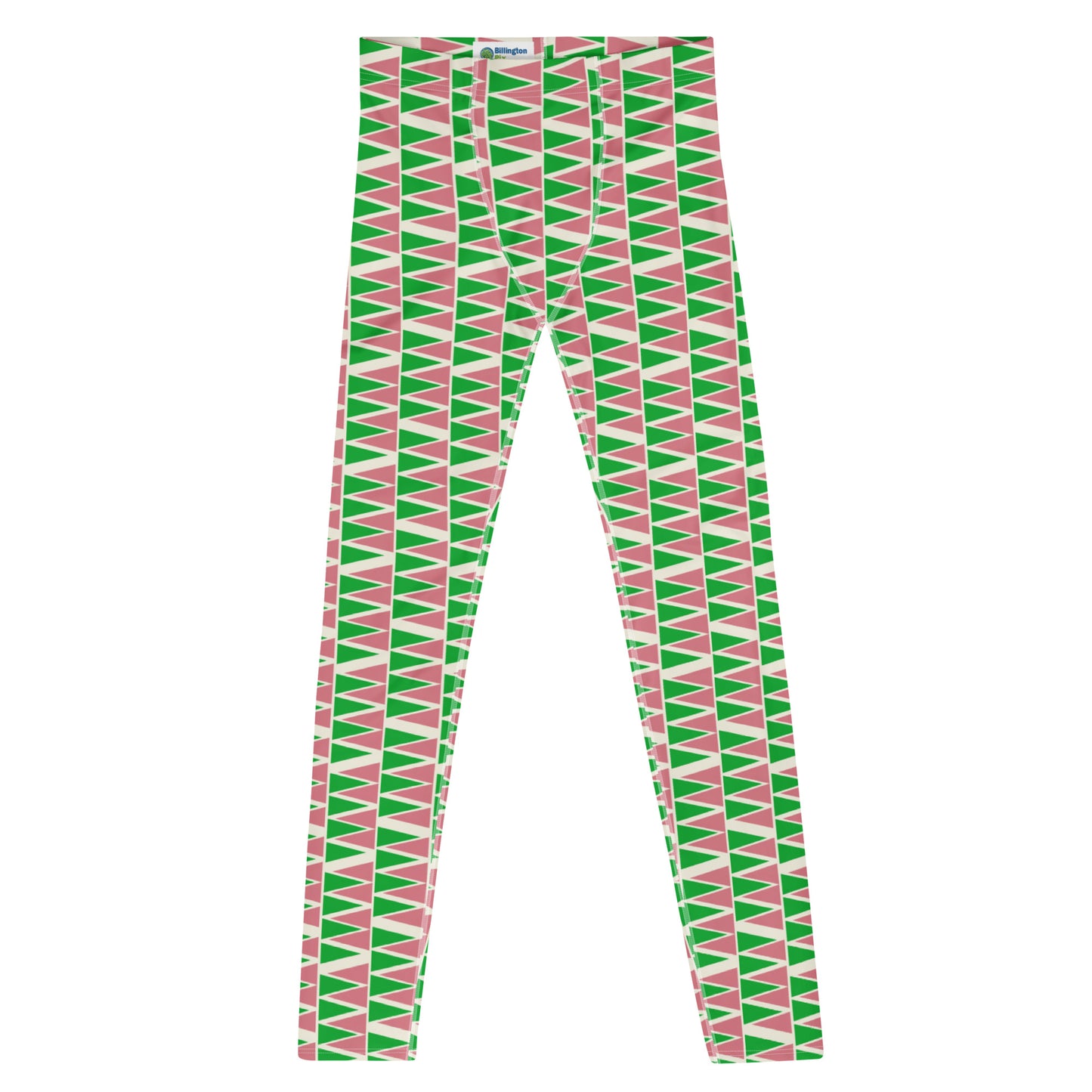 Mens leggings in retro mid century modern style. Green, pink, cream geometric patterned fashion meggings for men. Ankle length. Great for rave gear, festivals, BJJ, gym.