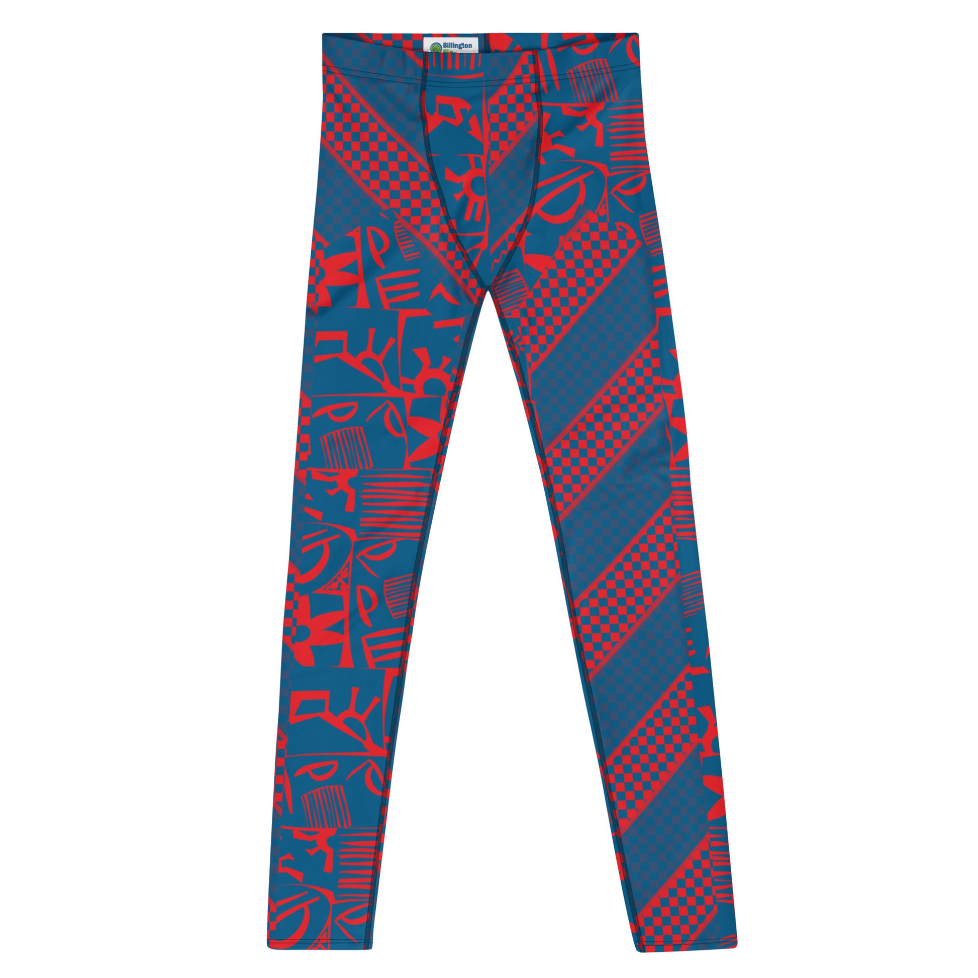 Navy and red geometric design leggings for men in retro 80s style. Pro wrestling tights for guys in fun stripy design. Rave gear and fashion meggings for guys.