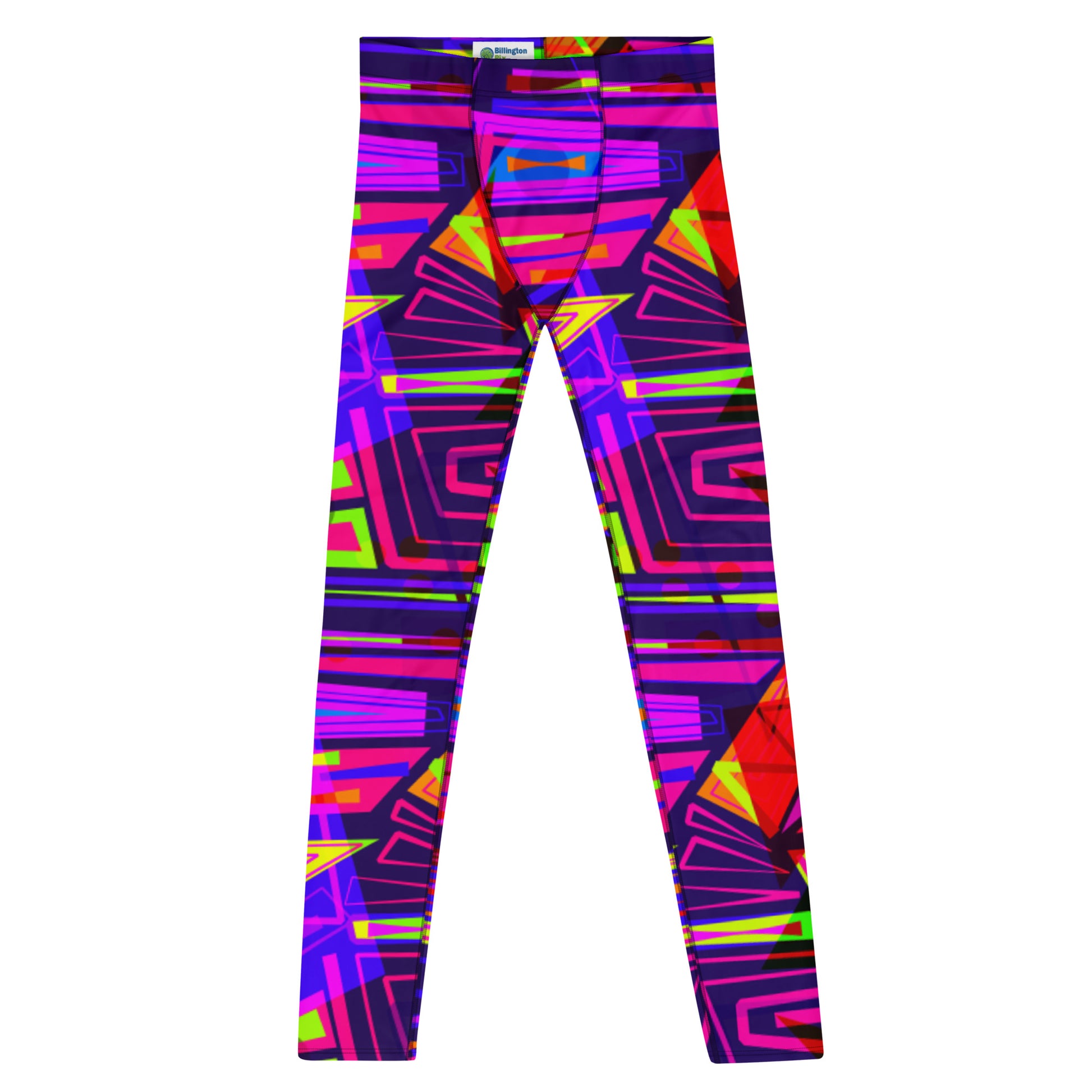 EDM electronic dance music style neoncore and vaporwave leggings for men in geometric angular layers and overlays. Tones of dark blue, red, pink, purple and orange in a neon effect. This EDM outfit or clubbing outfit is soft material with a stretchy 4-way stretch fabric that is super comfy and will ensure your mens fashion tights remain super bright and vivid long term.