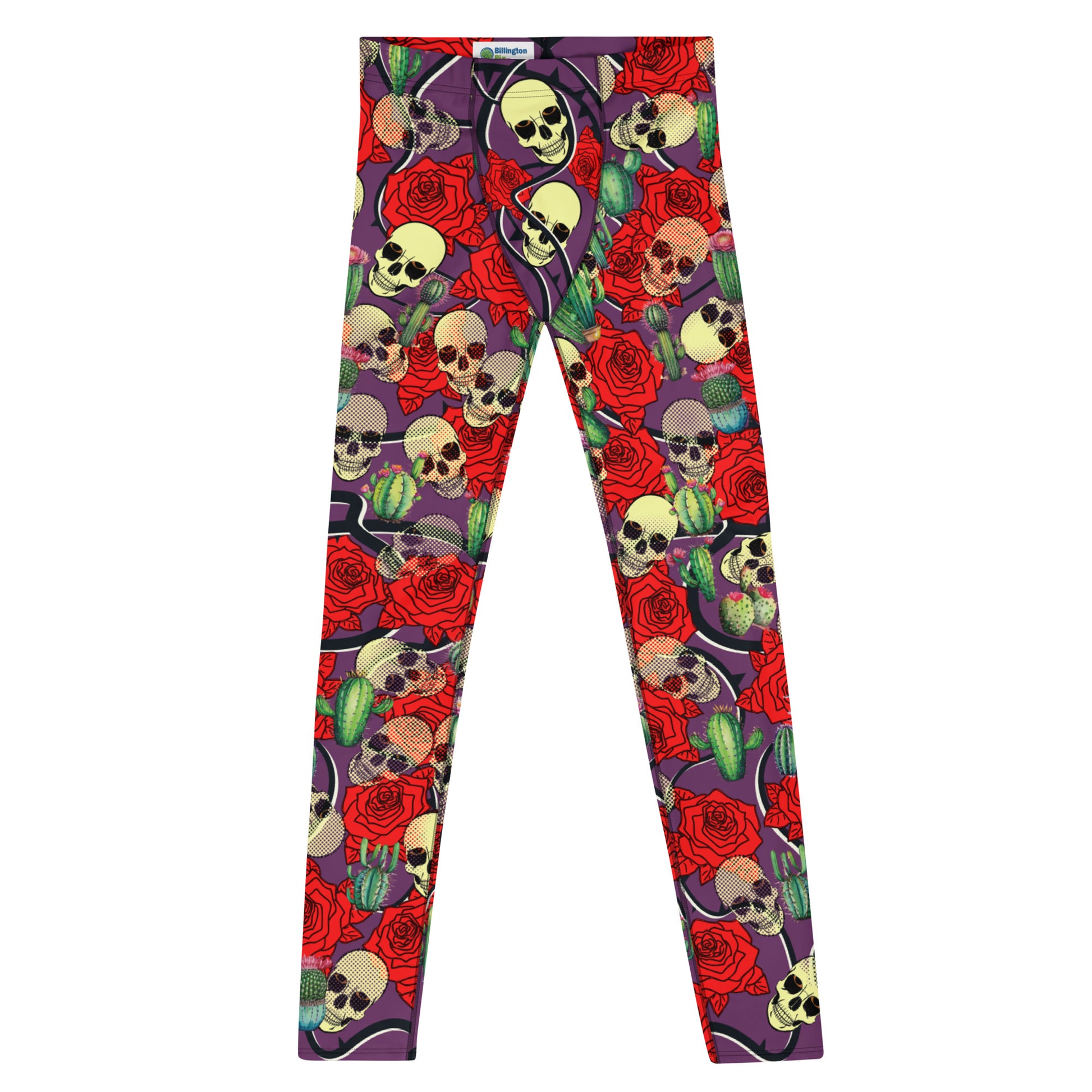 Creepy cute fashion leggings for men with skulls, roses and cactus plants. Purple meggings alternative fashion with mid rise waistband and ankle length legs.