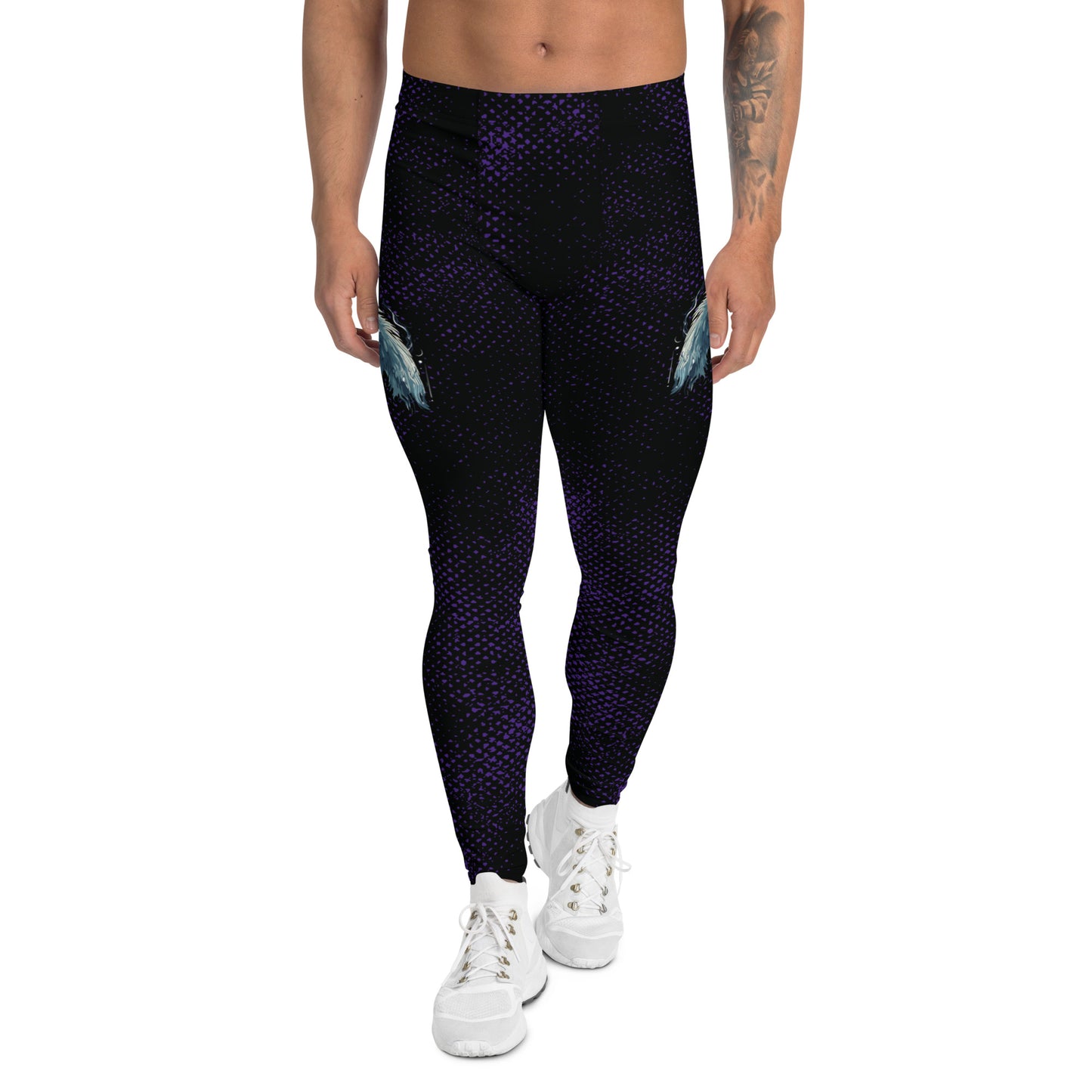 spooky gothic horror pro-wrestling tights with skull and wings on a black and purple distressed background. Mid rise leggings for men with ankle length legs.