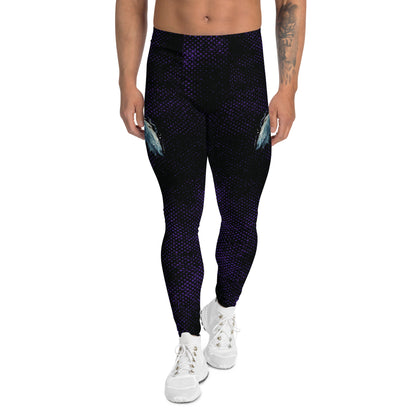 spooky gothic horror pro-wrestling tights with skull and wings on a black and purple distressed background. Mid rise leggings for men with ankle length legs.