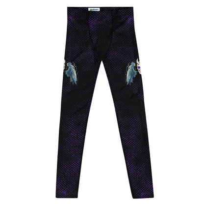 spooky gothic horror pro-wrestling tights with skull and wings on a black and purple distressed background. Mid rise leggings for men with ankle length legs.