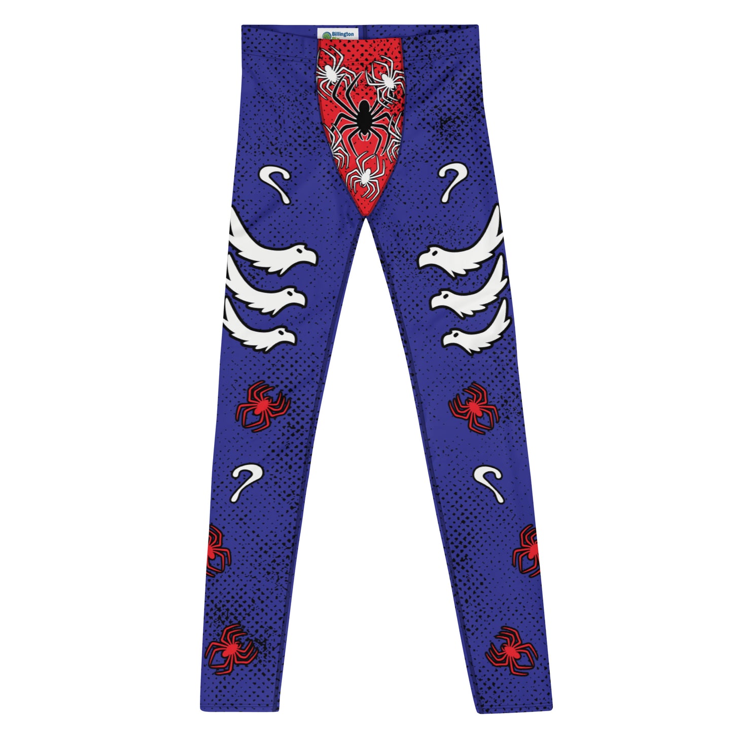 Mens lucha libre pro wrestling tights in navy blue with a red crotch area, containing black and white spiders.  White griffin birds in sets of 3 on each of the legs with more red spiders and question marks. Mid rise elasticated waistband and ankle length legs.