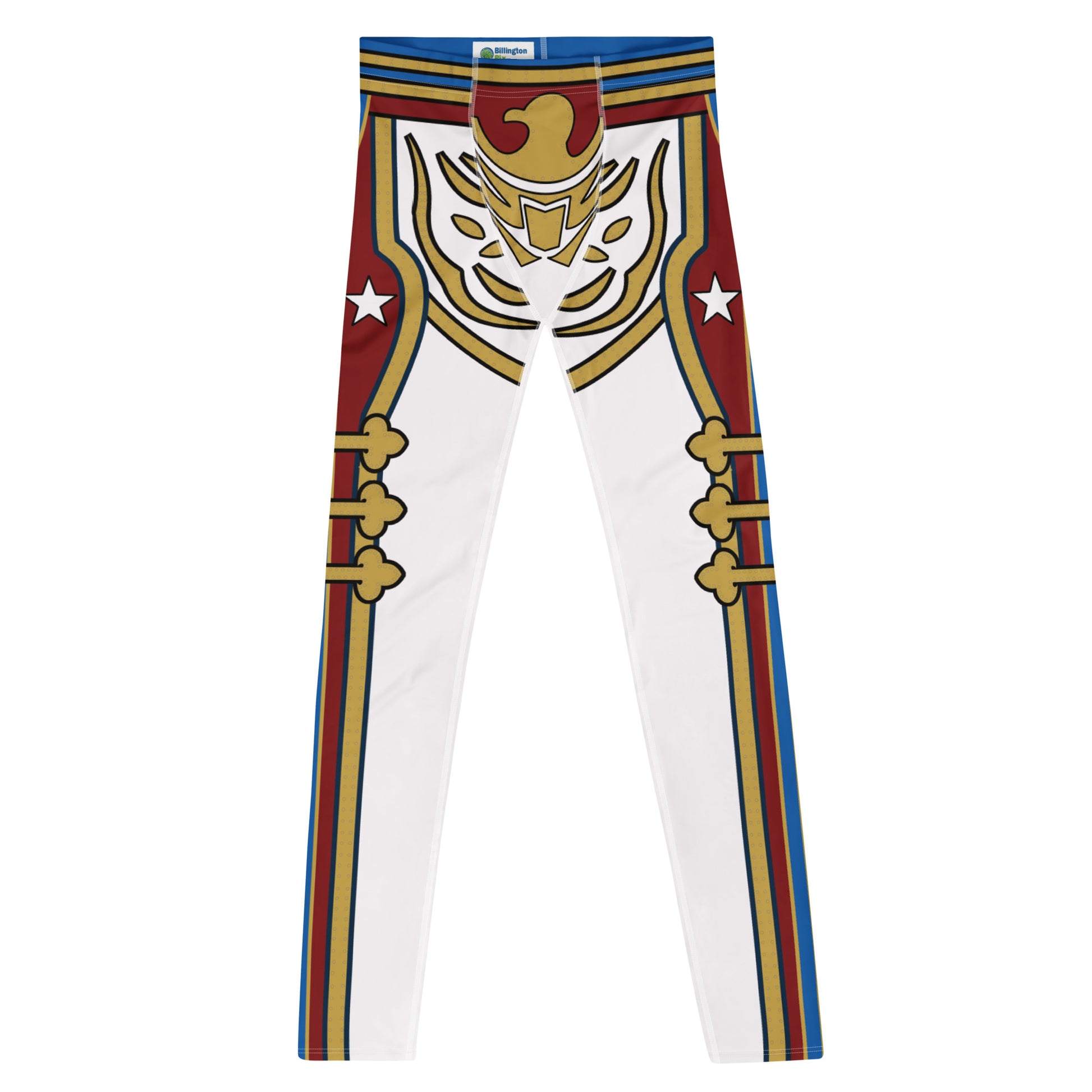 Retro Military style pro wrestling tights for men in white with gold and red trim. Fun eagle motif. Mid rise elasticated waistband and ankle length legs.