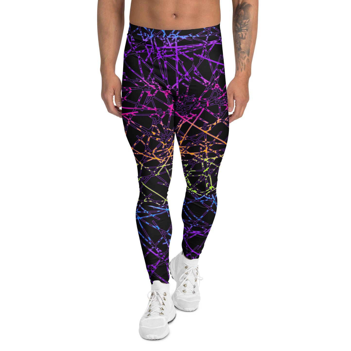 man wearing black leggings with rainbow geometric design in synthwave  style, front view
