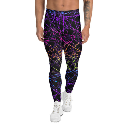 man wearing black leggings with rainbow geometric design in synthwave  style, front view