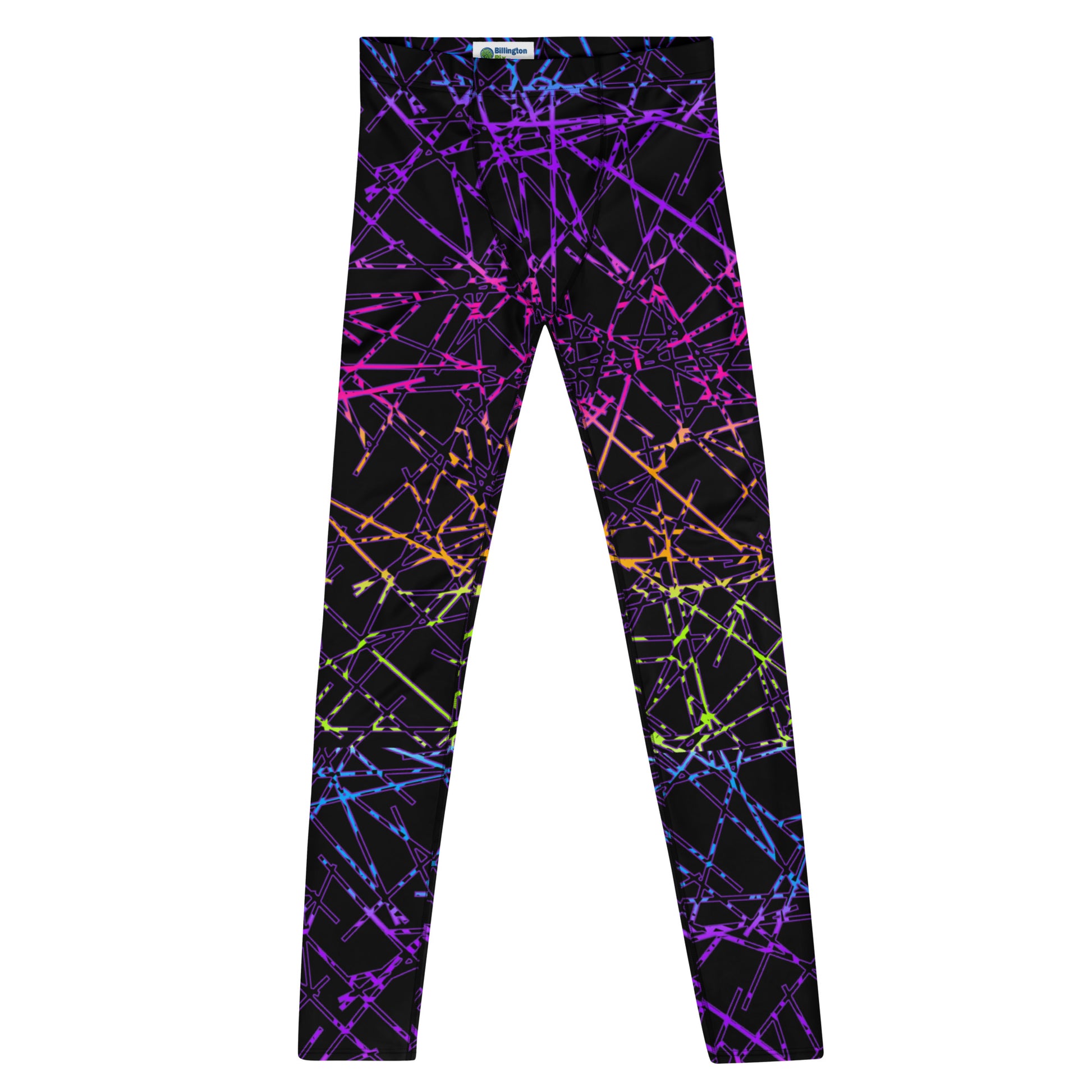 black leggings with rainbow geometric design in synthwave style - laid flat - front