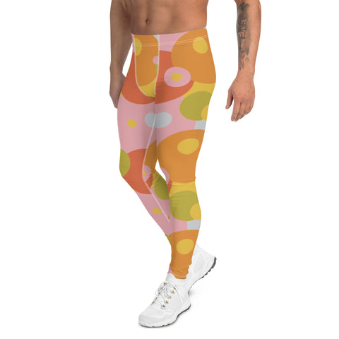 Retro Groovy Patterned Men's Leggings | 60s 70s Style Abstract Circular Summer Meggings Fashion | Harajuku Pastel Punk Alt JFashion Meggs in orange, pink, lime green, yellow and gray circles geometric pattern on these compression pants by BillingrtonPix