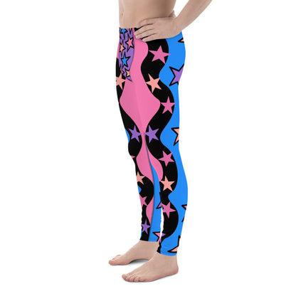 Festival Leggings for Men | Spandex Men’s Pro Wrestling Long Tights | EDC Rave Gear Meggings | Clubbing Outfit | Fashion Meggs | Kawaii Clothing. Pink and blue patterned leggings for men with pastel stars.