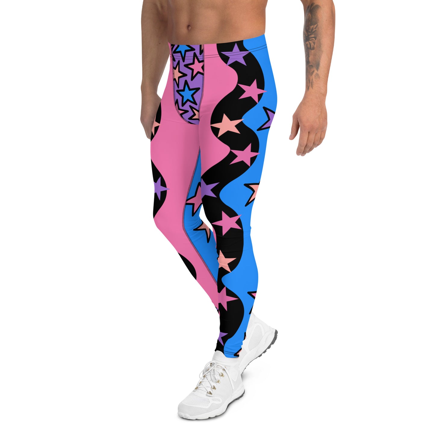 Festival Leggings for Men | Spandex Men’s Pro Wrestling Long Tights | EDC Rave Gear Meggings | Clubbing Outfit | Fashion Meggs | Kawaii Clothing. Pink and blue patterned leggings for men with pastel stars.