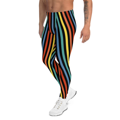 Festival Mens Leggings, Stripy Wrestling Style Performance Tights, Fashion Meggs, Rainbowcore Striped Meggings, Rave Gear Clubbing Outfit, pro wrestling tights, climbing, stripy rainbow LGBT Pride outfit idea by BillingtonPix