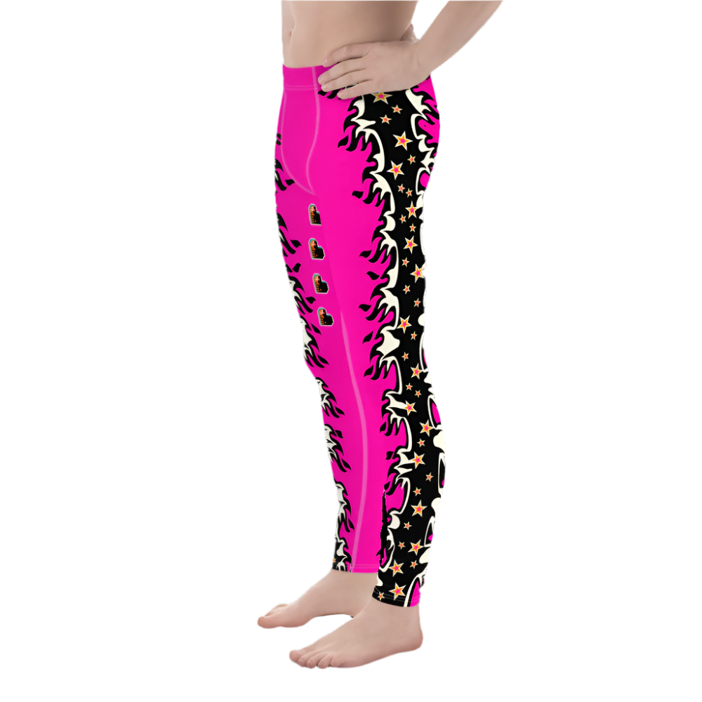 Pink pro wrestling tights for men in black or pink with fire and hearts. Matching tank top with skull and wings and a heart. Pink, black.