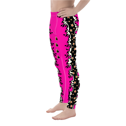 Pink pro wrestling tights for men in black or pink with fire and hearts. Matching tank top with skull and wings and a heart. Pink, black.