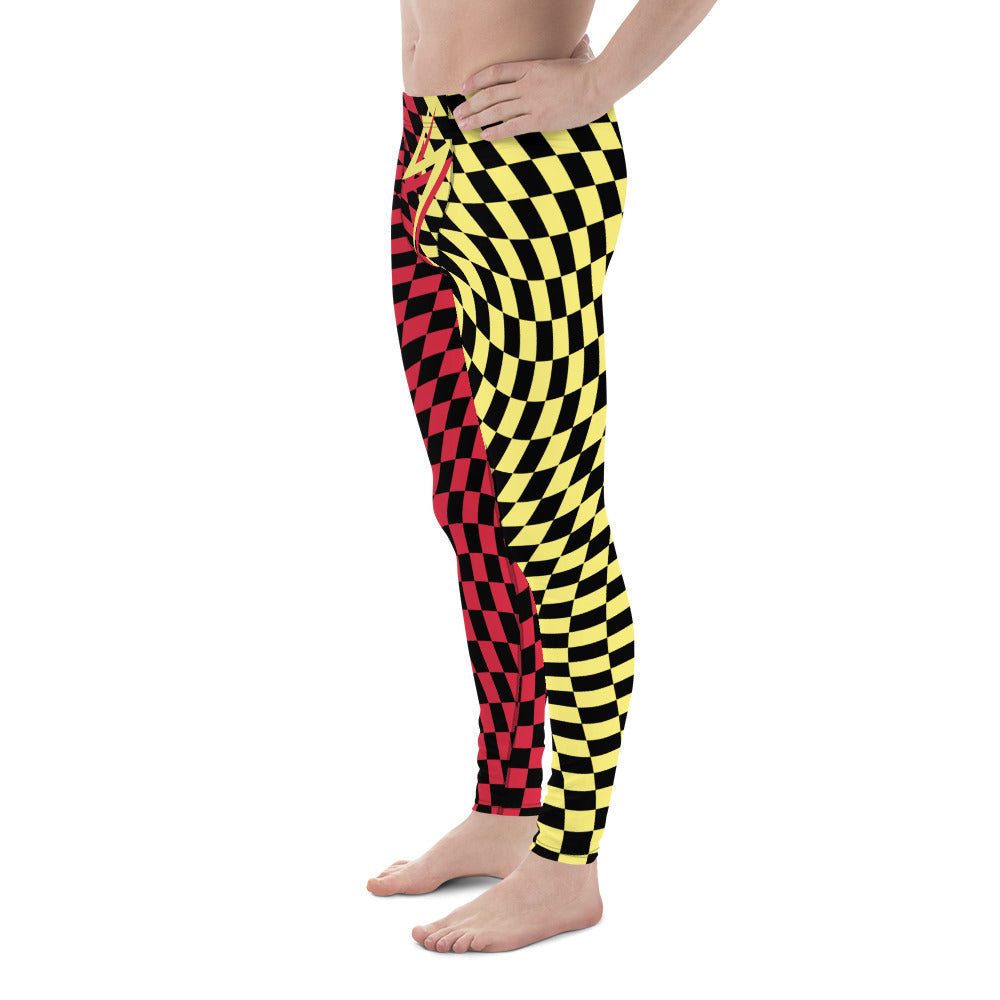 Mens Leggings Harlequin Checked Meggings 80s Wrestling Style Meggs Party Clubbing Costume Yoga Pilates Sports Leggings Halloween Streetwear. Red, yellow, black glitch check pants for burning man, festivals, parties, performances, dance,  zigzag front