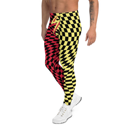 Mens Leggings Harlequin Checked Meggings 80s Wrestling Style Meggs Party Clubbing Costume Yoga Pilates Sports Leggings Halloween Streetwear. Red, yellow, black glitch check pants for burning man, festivals, parties, performances, dance,  zigzag front