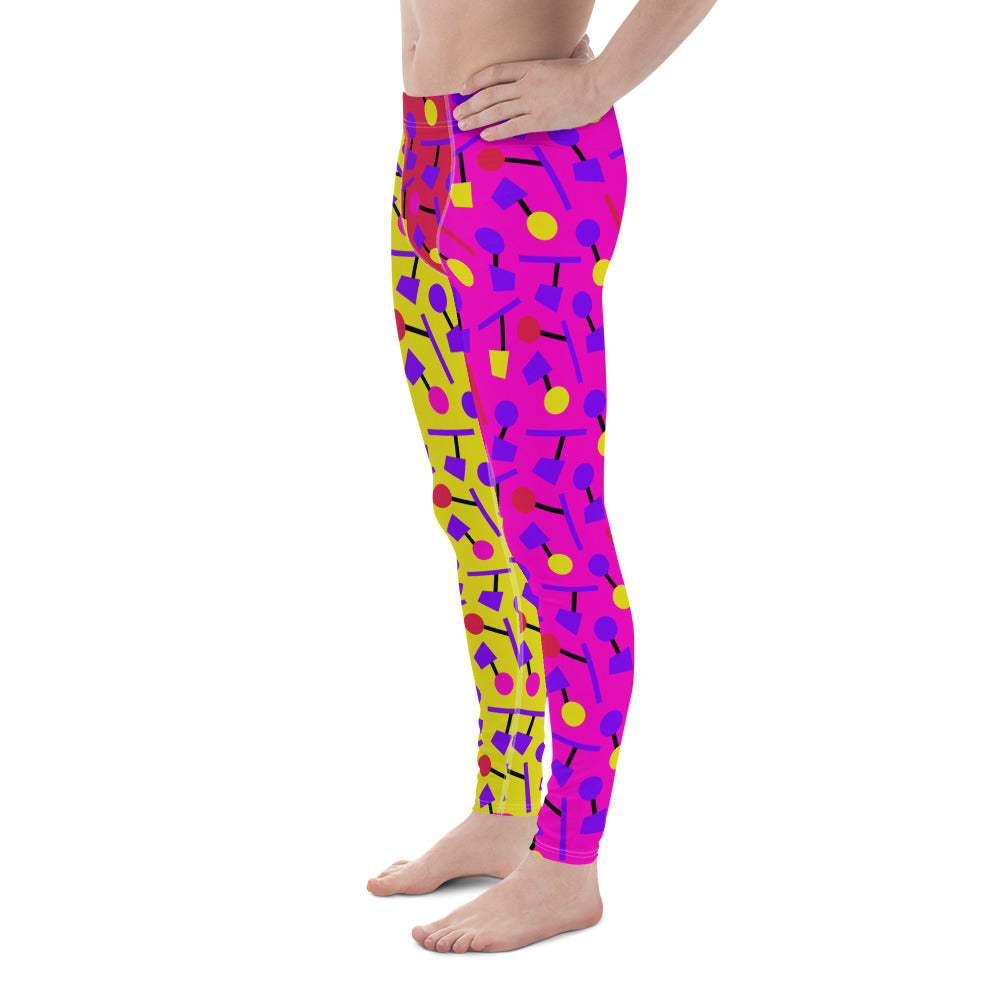 Mens leggings in alternate pink and yellow geometric 80s Memphis style all-over pattern. Red crotch. Fun party leggings with mid-waist and ankle length. Soft and stretchy spandex meggings for activewear, sporting activities, dance, gym, yoga, pilates