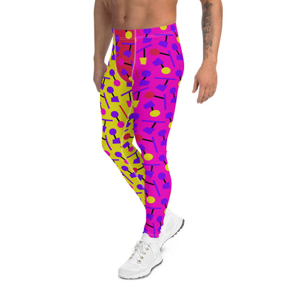 Mens leggings in alternate pink and yellow geometric 80s Memphis style all-over pattern. Red crotch. Fun party leggings with mid-waist and ankle length. Soft and stretchy spandex meggings for activewear, sporting activities, dance, gym, yoga, pilates