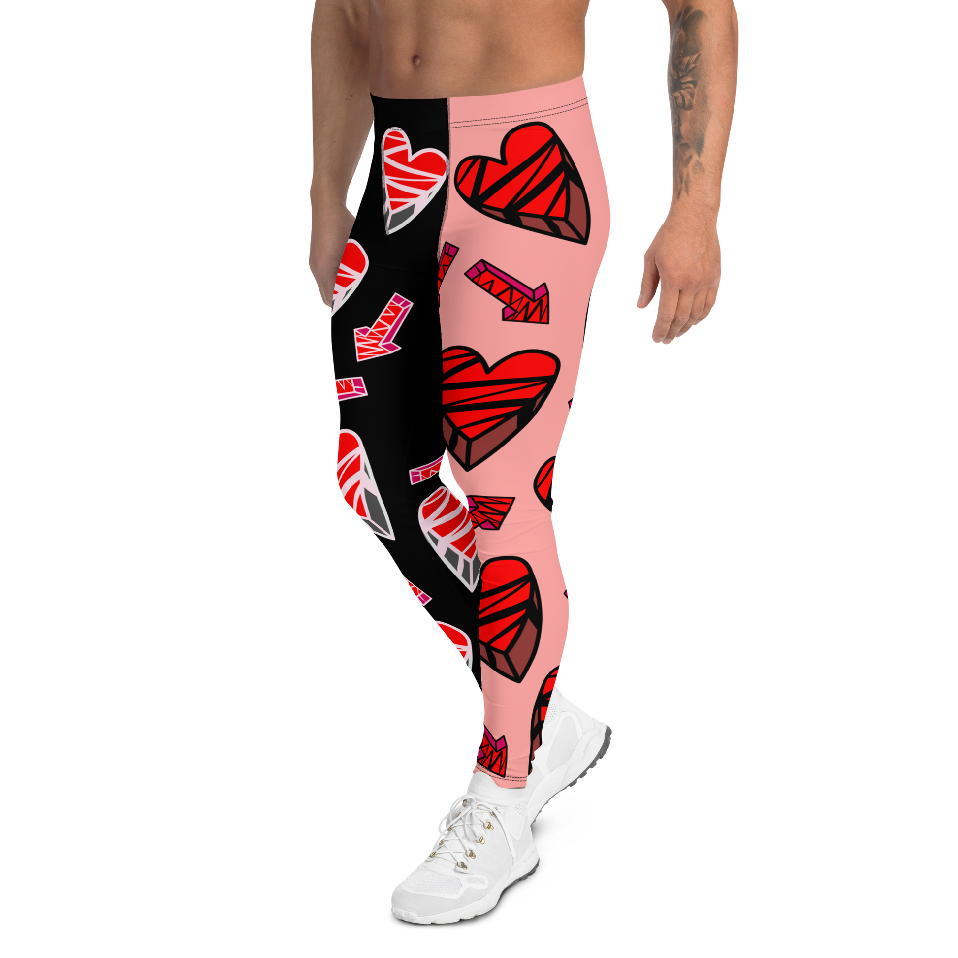 Mens Leggings Wrestling Gear Meggings for Guys, Retro Hearts Gym Meggs, Vibrant Alternative Clothing for Men, Halloween Dance Tights. Broken hearts, anime funny wrestler weightlifter leggings for men in black red white orange.