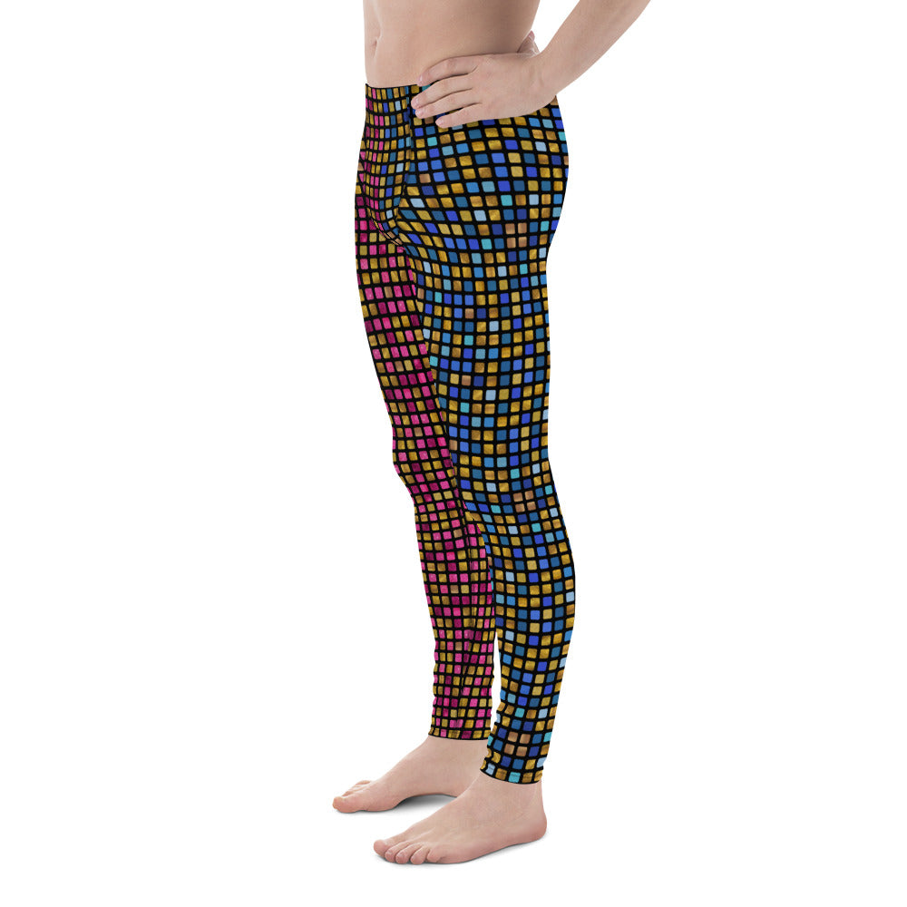 Mens Leggings EDM Rave, Geometric Cosplay Meggings, Festive Party Meggs, Wrestling Tights, Festival Leggings for Men, Workout Dance Leggings. Pink, blue and gold glitter effect meggings in geometric vaporwave pattern giving a retro 70s disco ball vibe.