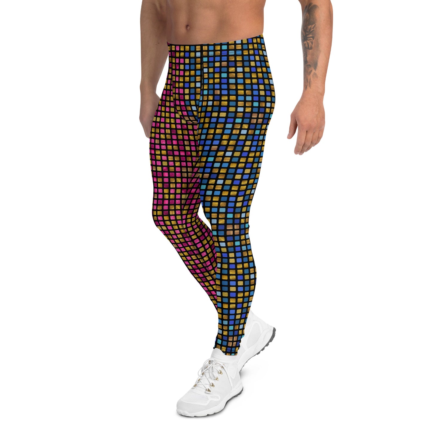 Mens Leggings EDM Rave, Geometric Cosplay Meggings, Festive Party Meggs, Wrestling Tights, Festival Leggings for Men, Workout Dance Leggings. Pink, blue and gold glitter effect meggings in geometric vaporwave pattern giving a retro 70s disco ball vibe.